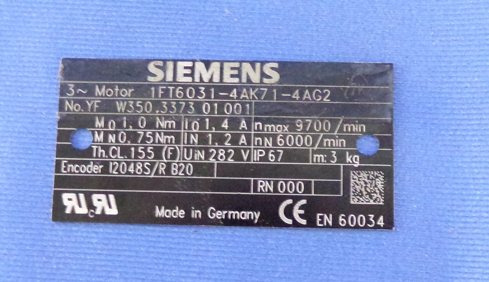 NOS SIEMENS BRUSHLESS SERVO MOTOR 1FT6031-4AK71-4AG2 2-4A 282V RPM 6000-9700 1YR