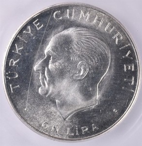 1960 Turkey 10 Lira 15g Silver 0.830 - ICG MS60 Details 