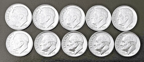 (Lot of 10) Roosevelt SILVER Dimes. Set 1960-1964  P&D.  AUBU  (R002)