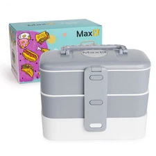 MAX K BENTO BOX, 3 TRAYS WITH CUTLERY FOR ADULTS AND KIDS - GREY