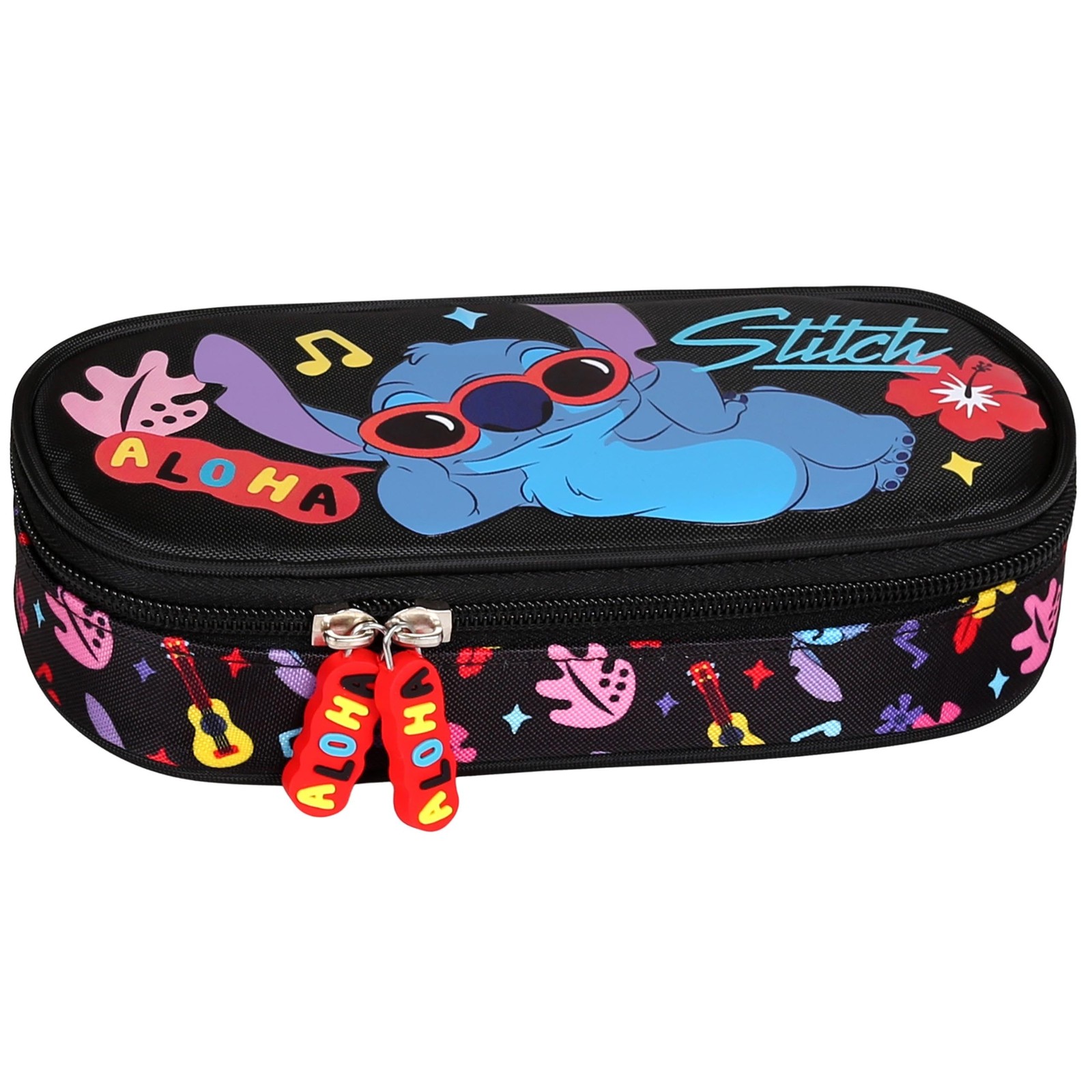Trousse d'écolier Disney Stitch noire avec compartiments spacieux pour fournitures de fille