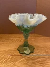 Vintage Fenton Teal Blue/Green Opalescent Compote Cabbage Rose Ruffled Glows!
