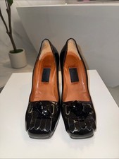 Beautiful Lanvin Black Patent Square Toe Fringe Metal Pump