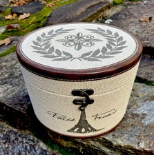 Handcrafted Hat Storage Box Woven Burlap/Faux Leather Trim Gold Tone Metal Latch