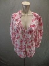 NWT Studio B By Bobeau Size L Womens Plunge 3/4 Puffed Sleeve Ruffle Blouse 684