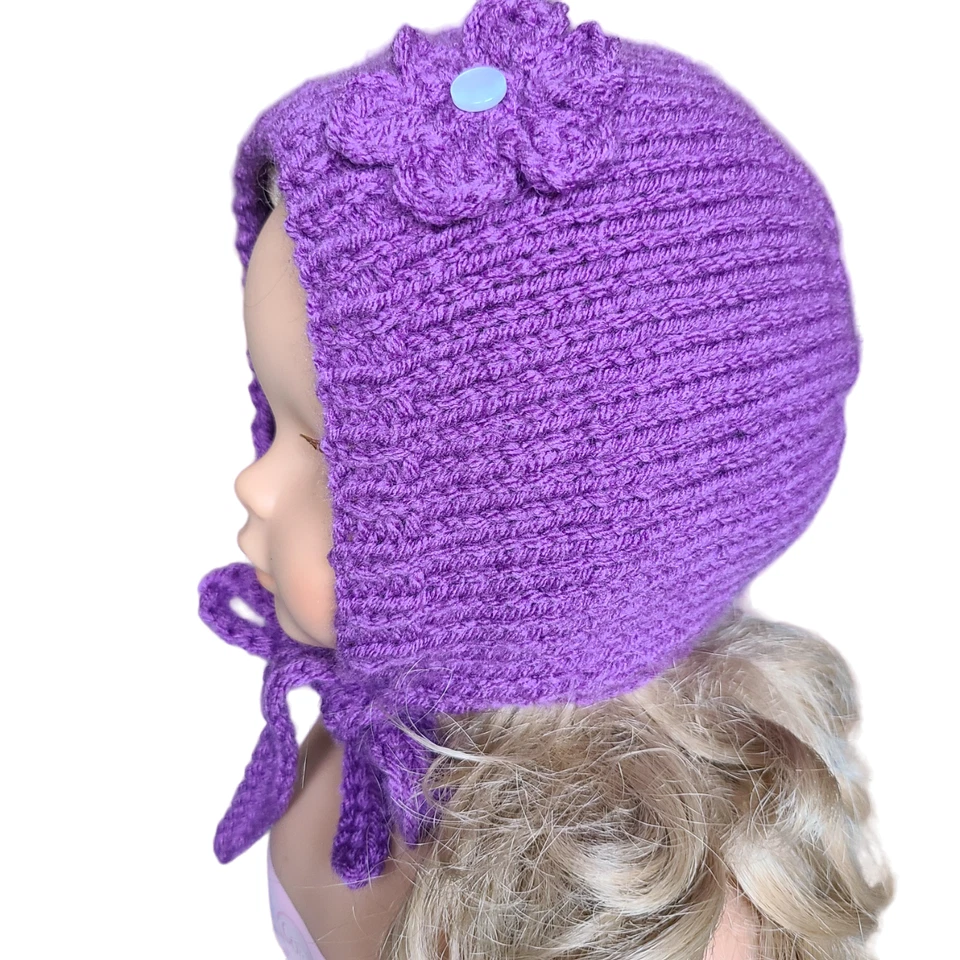 Sombrero Bebé Niña BONNET Tejido Acrílico Poliéster Hecho a Mano Púrpura Talla 2-4 Meses Foto 2 de 4