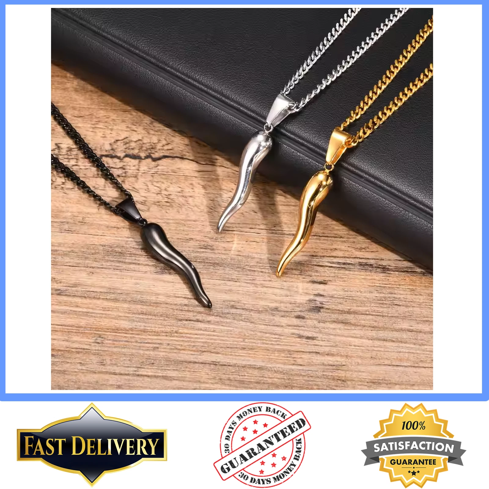 ITALIAN HORN Necklace Stainless Steel Italian Cornicello Charm Pendant Necklace