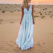 Women Lady Boho Bohemia Maxi Dress Party Evening Summer V Neck Beach Sundress US