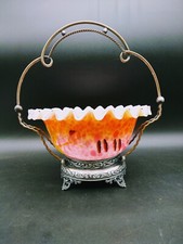 Panier de mariée victorien en verre émaillé éclaboussé avec support Wilcox Silver Plate Co