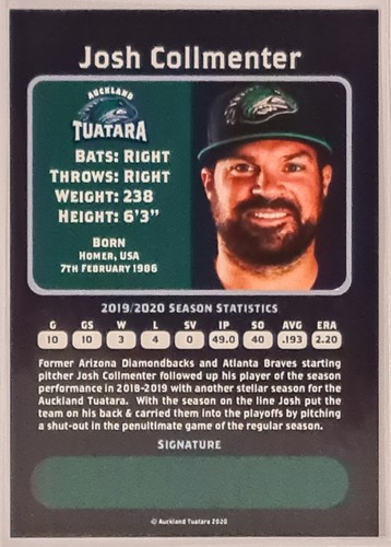 2019 / 2020 AUCKLAND TUATARA ABL BASEBALL CARD – JOSH COLLMENTER *MINT* - Picture 2 of 2
