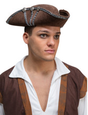Deluxe Brown Pirate Hat Mens Ladies Suede Pirates Fancy Dress Hat