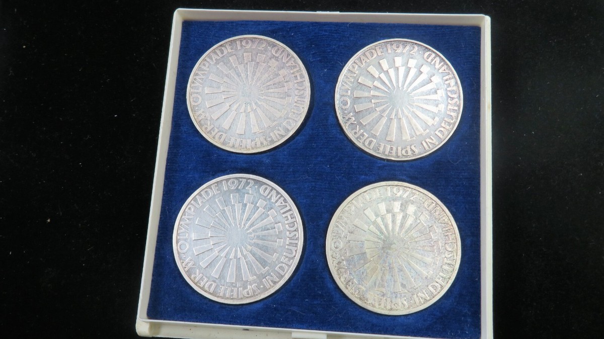 FOUR 1972 MUNICH 10 MARK OLYMPIC COINS-4 MINT MARKS D, F, G, and J