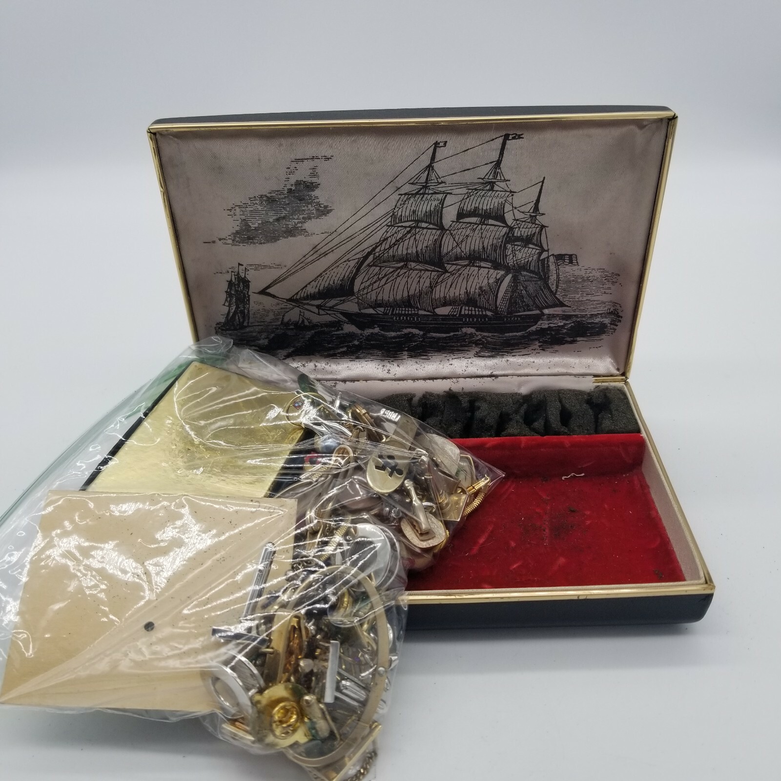 Vintage Farrington Estate Jewelry Box with Ship, Large Lot of Cufflinks