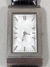 White Pearlized Dial Silver Tone Rectangle Case Black Leather Band Watch