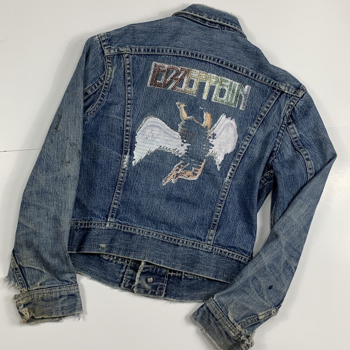 Vtg 1970s Lee Denim Jacket Sz XS Distressed Led Zeppelin Trucker