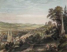 MARBURG - Gesamtansicht von der Augustenruhe - kol. Stahlstich 1839