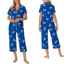 Room Service Women's Short Sleeve Notch Collar Capri Pants Pajama Set Blue Zebra