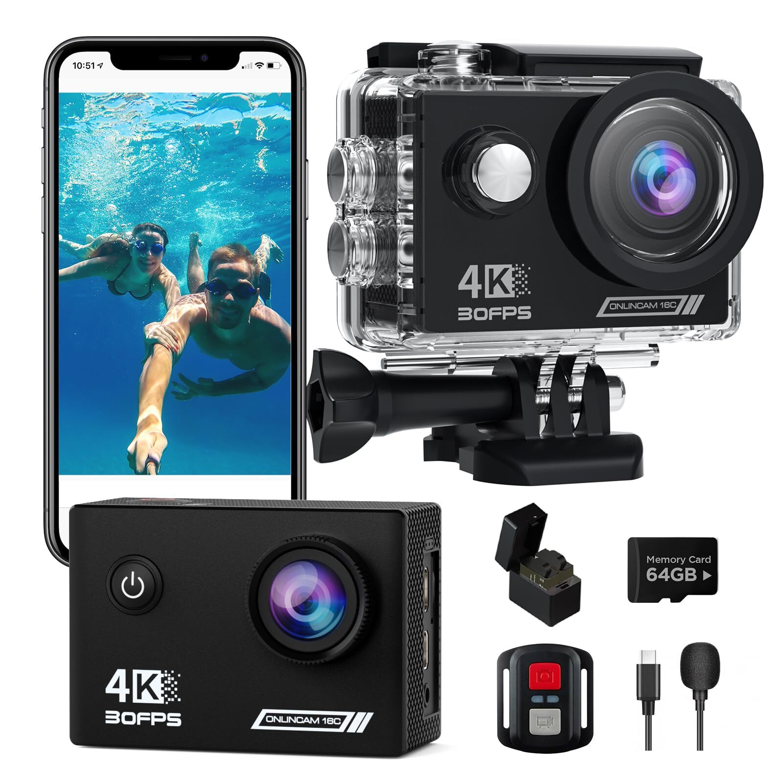 Action Camera 4K30fps with 64G SD Card,HD Waterproof Camera 131ft Underwater ...-image