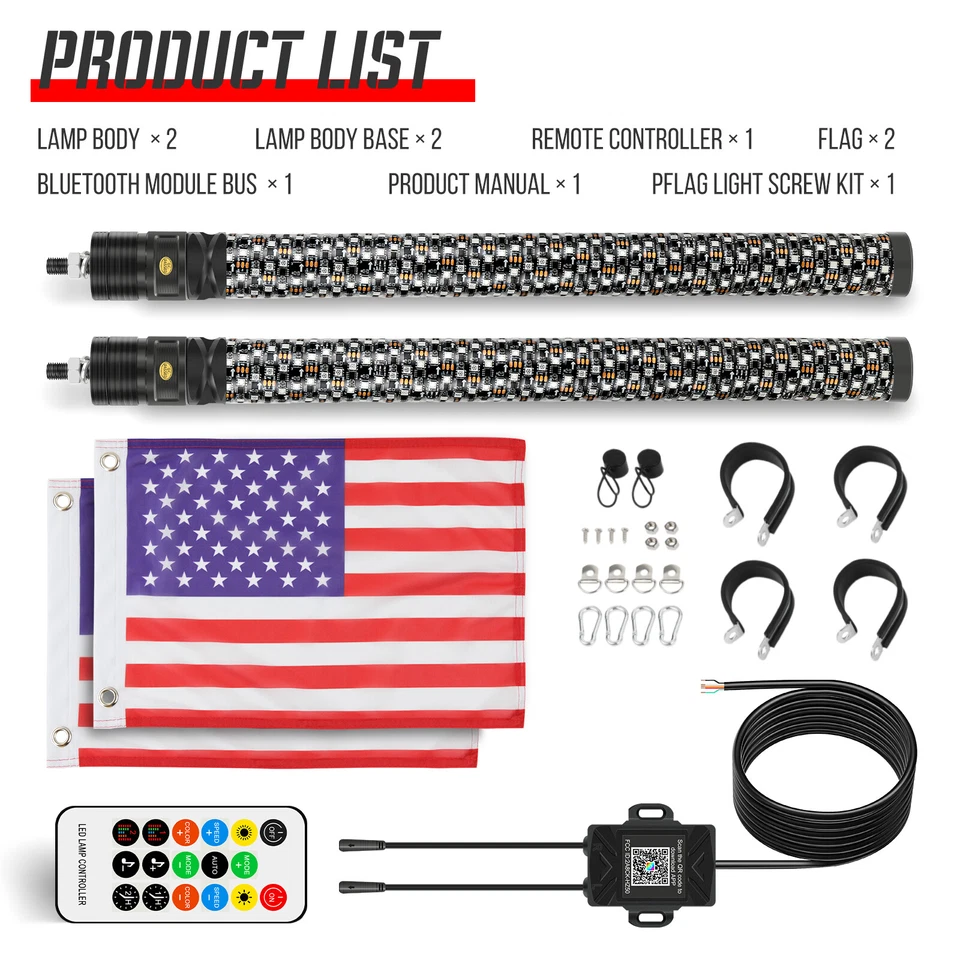 Pair 2FT LED Fat Whip Light Antenna RGB Chasing For CF-MOTO CFORCE 600 800 1000 - Image 2 of 4