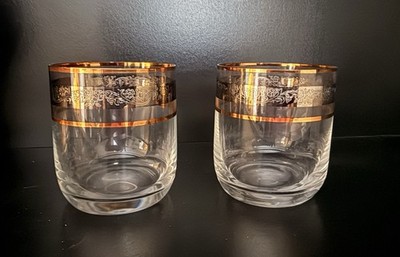 Pair of Bohemia  Whiskey Glasses  feature  Floral Platinum Band and Gold