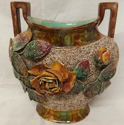 Thomas Förster Barbotine Majolika Vase Rosen & strukturierter Boden 30 cm
