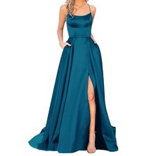 Women's dress cocktail dress wedding slit prom blue-poseidon, M