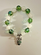 Green Faceted Bead Stretch Bracelet with White Gemstone Beads  Silver Owl Charm