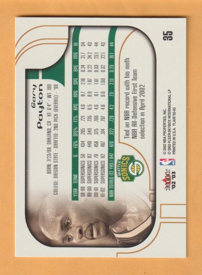Gary Payton Seattle Supersonics 2002-03 Flair #35 HOF Oregon State Beavers - Image 2 of 2