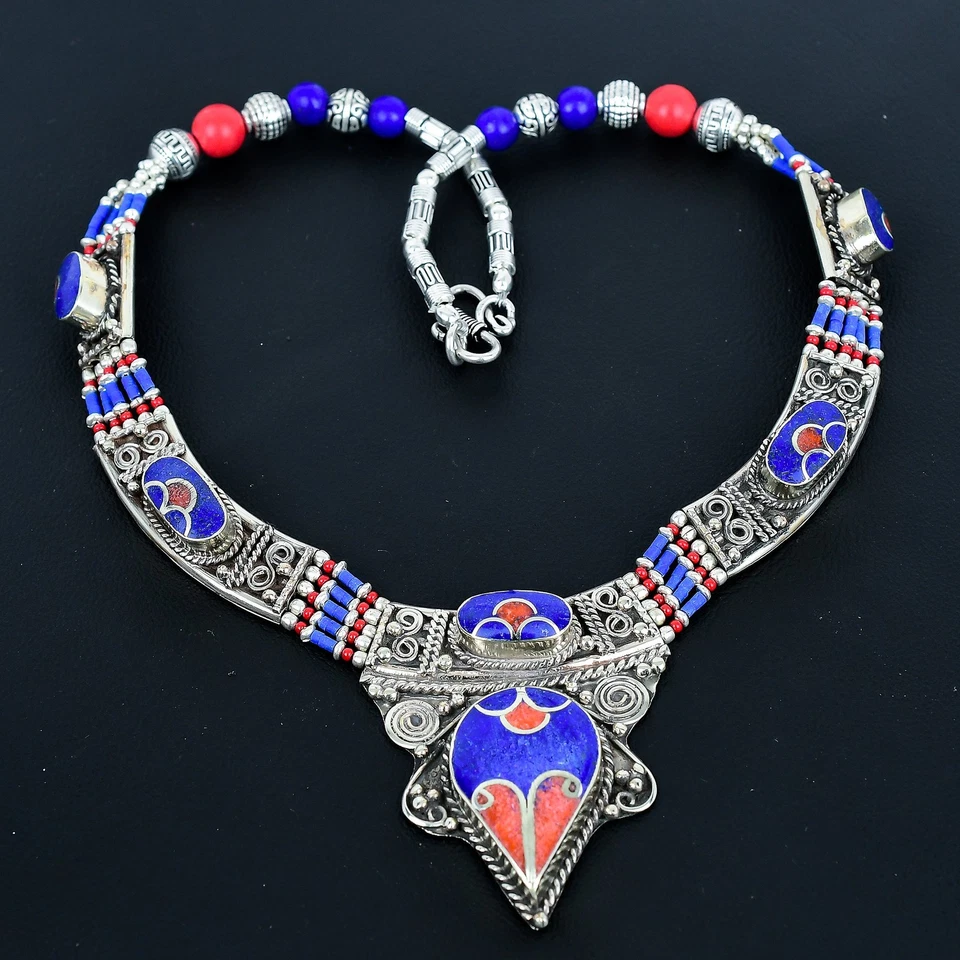 Lapis Lazuli Coral Handmade 925 Sterling Silver Tibetan Nepali Necklace 18" PG54 - Image 3 of 4