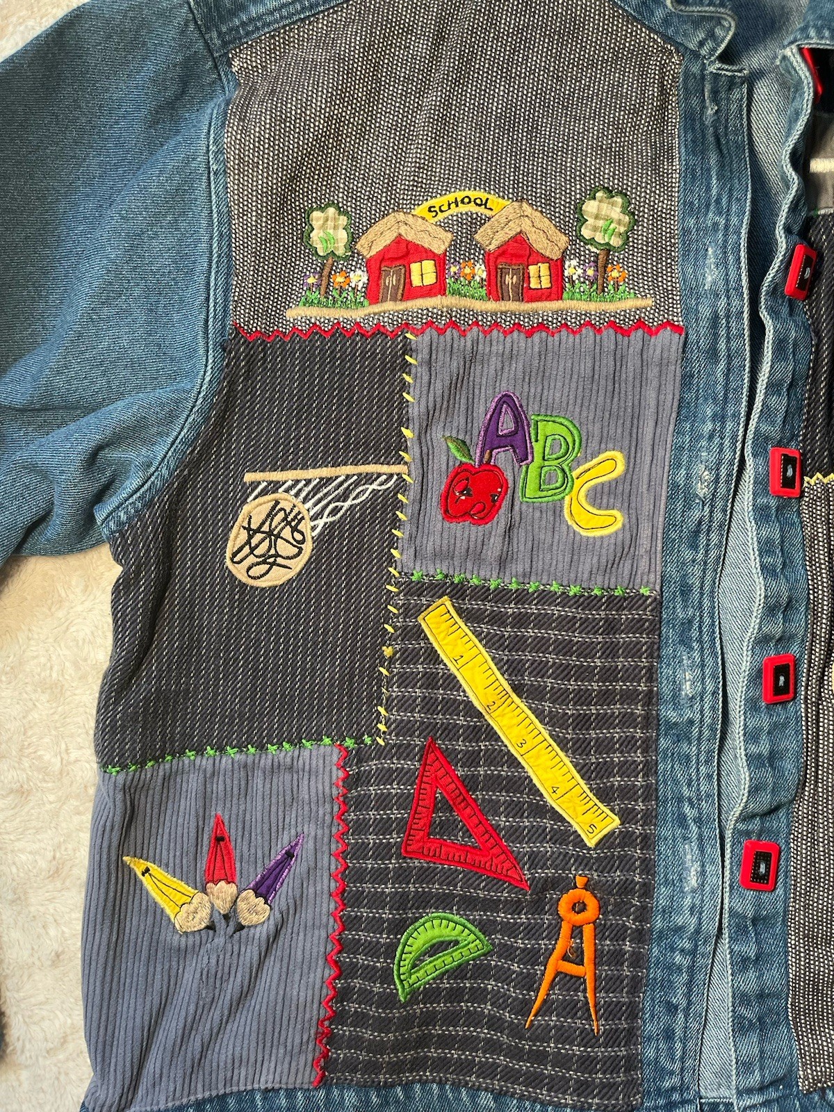 Vintage Embroidered Patchwork Teacher Themed Deni… - image 2