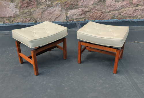 PAIR of Vintage MCM Jens Risom Walnut Floating Top Stools or Ottomans