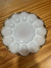 Vintage Gold Trimmed Milk Glass Deviled Egg Platter 10"
