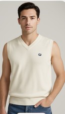 Chaps Sweater Mens Medium Cream Crest Logo Pullover 100 Cotton Knit Pre Owned