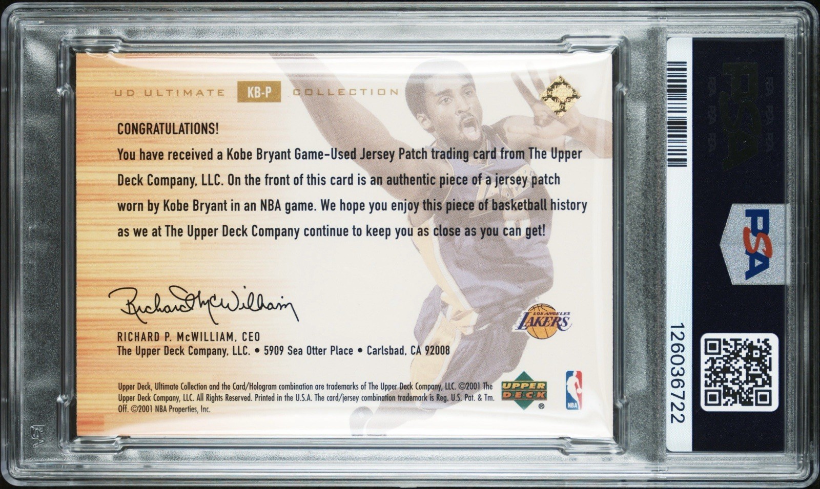 Kobe Bryant 2000-01 Ultimate Collection Game Jersey Patches #06/08 PSA Game-Worn view 2