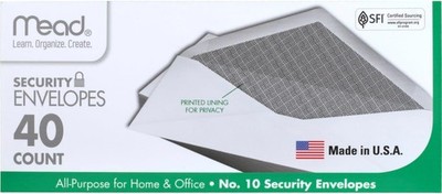 Mead #10 Envelopes Letter Size Security Lined Gummed Closure White 40 Count Mail