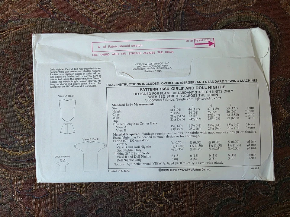 Uncut 1564 Kwik Sew Sewing Pattern Girls & Doll Nightie & Sleep Shorts Sz 4-7 - Image 2 of 2