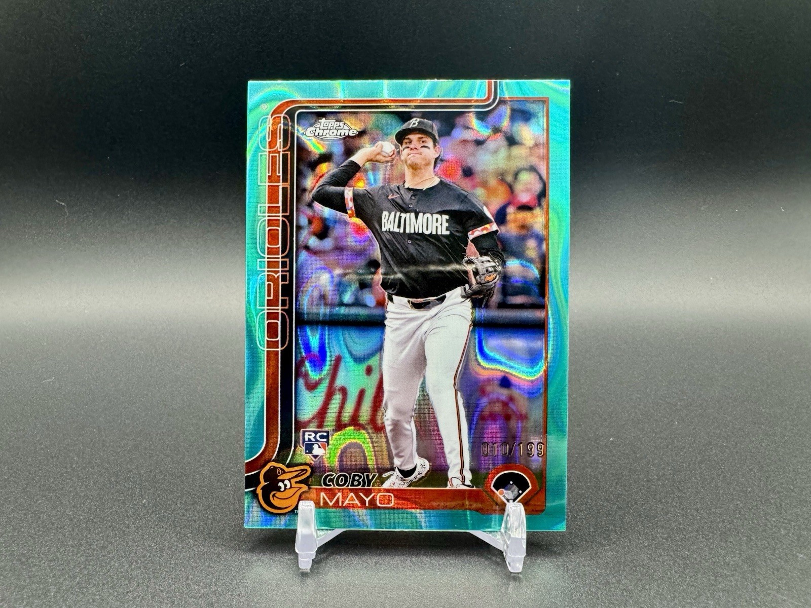 2025 Topps Chrome Aqua Lava Refractors #120 Coby Mayo RC Rookie 010/199 Orioles