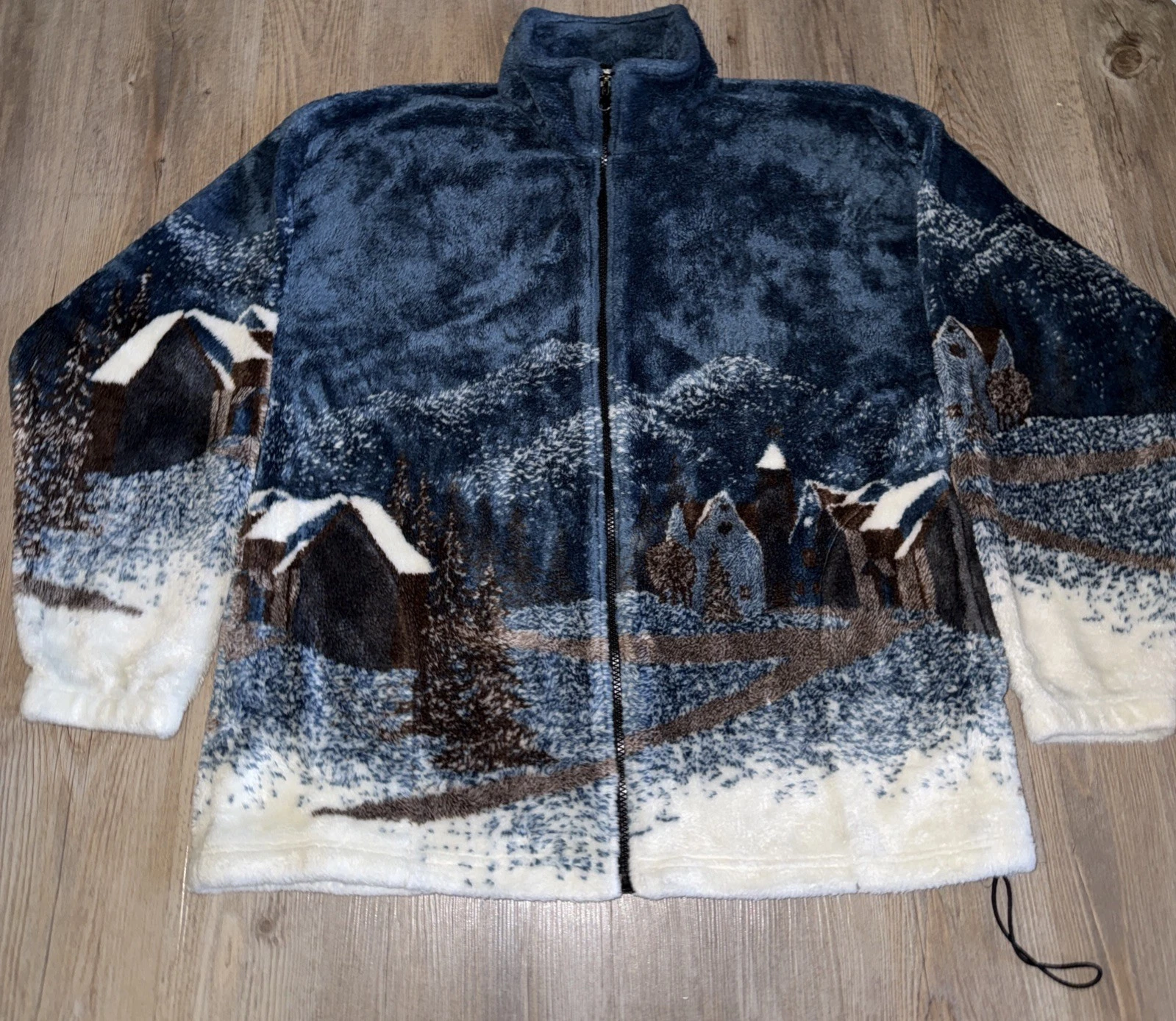 Vintage Obvious Fleece Mountains Trees Village Zip Jacket Size Large USA Made