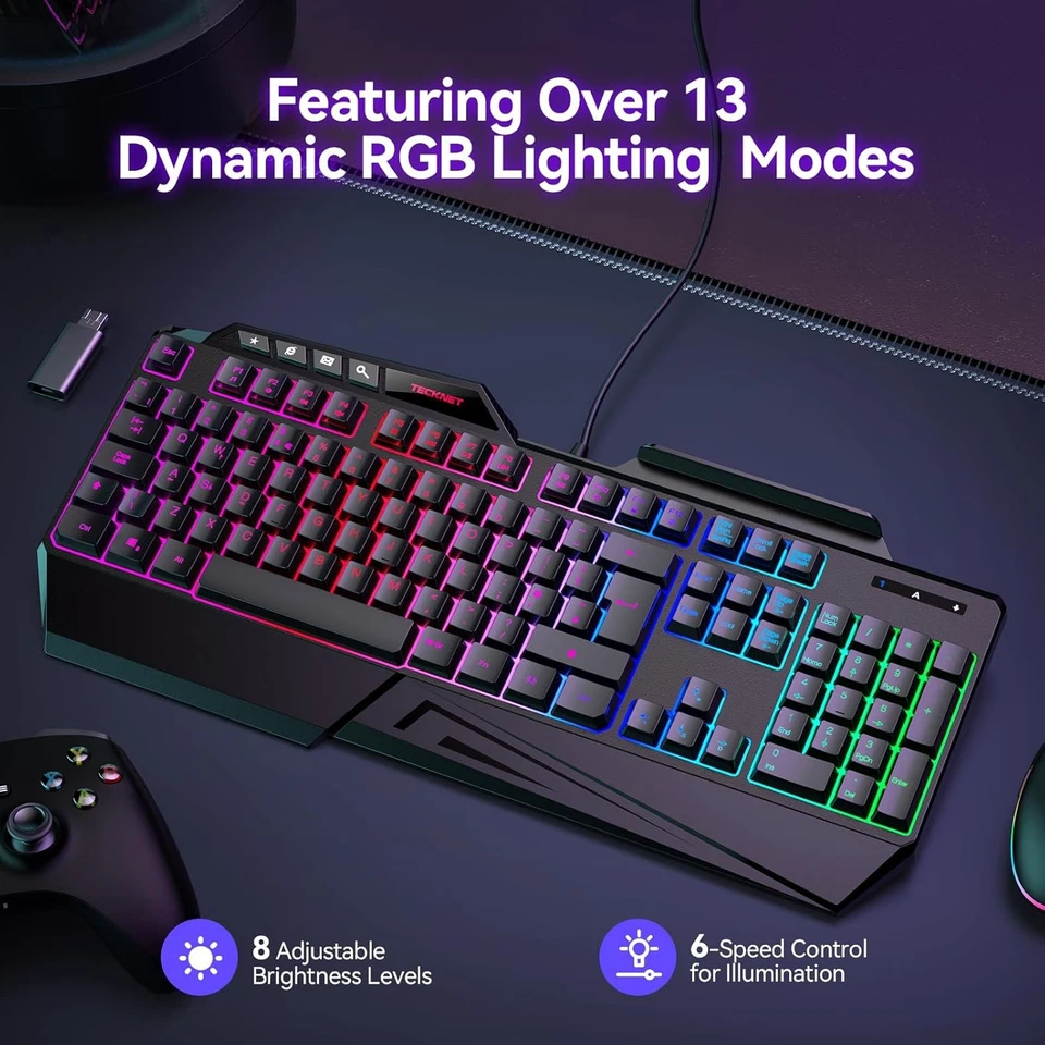 TECKNET Wired Gaming Keyboard, 26-Key Anti-Ghosting RGB Black  - Image 2 of 4