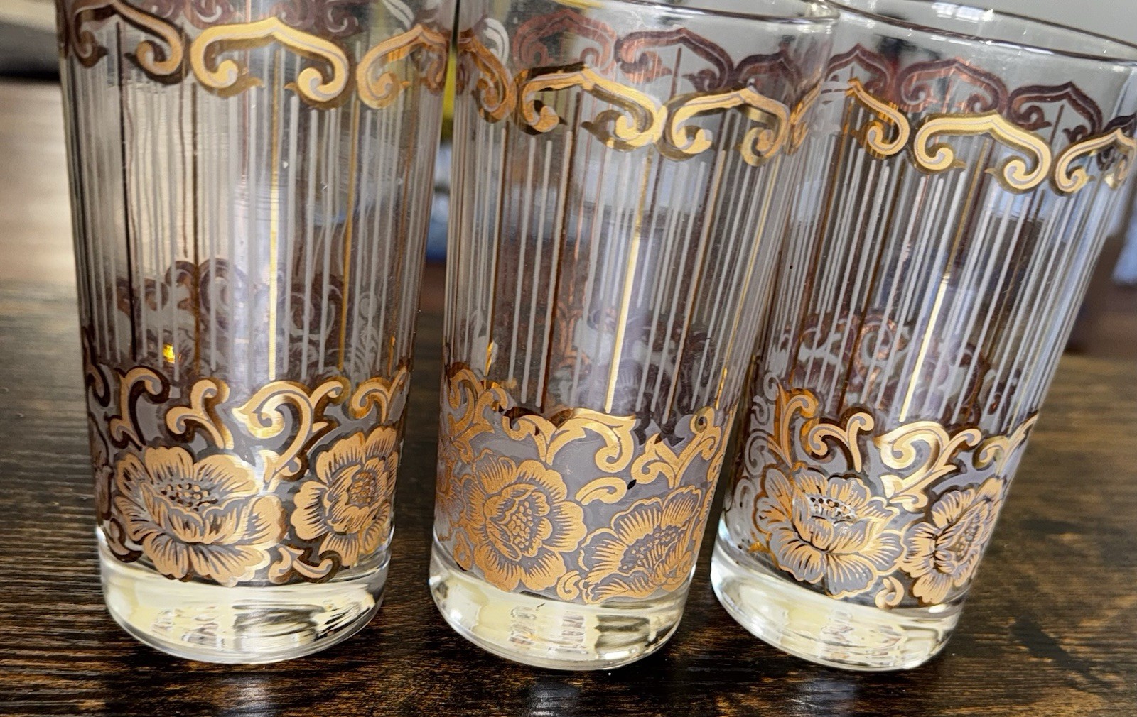 Vintage MCM GOLD HIGHBALL GLASSES FROSTED Bottom  Gold RIB LINES Lot Of 3
