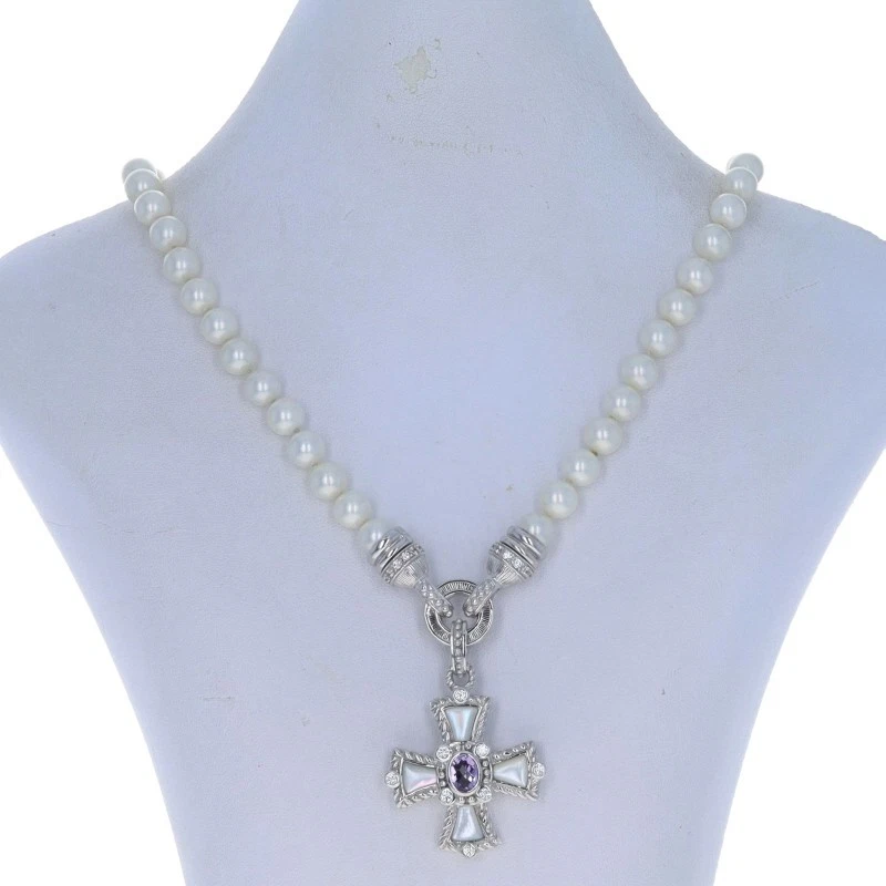 Collar Judith Ripka Perla Amatista Circonita cúbica Cruz Maltesa 18" Esterlina 925 Fe Foto 2 de 4