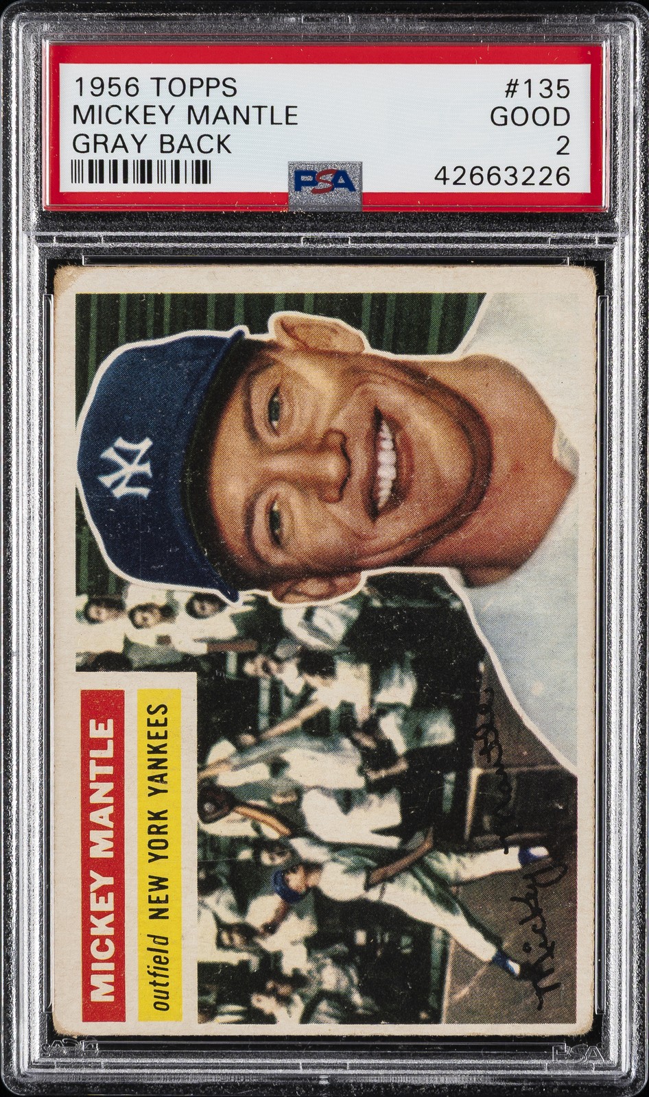 1956 TOPPS GRAY BACK #135 MICKEY MANTLE PSA 2