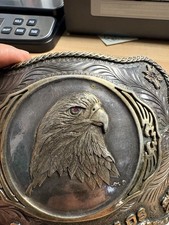 vintage large western cowboy cowgirl adm eagle hawk belt buckle with red stone 