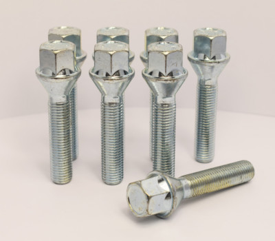 8 x M12 x 1.25, 50mm Thread, Tapered Wheel Bolts (Silver)