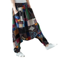 Damen Tiefer Schritt Hose Retro Ethnisch Baggy Hose Gummibund Yoga Hose