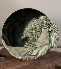 Vintage Flat Earth Pottery Angel dimensional green pottery plate