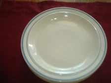 VINTAGE STONEWARE DINNER PLATES - SET of 4 - 10 1/8" CREAM w/LIGHT BLUE STRIPE
