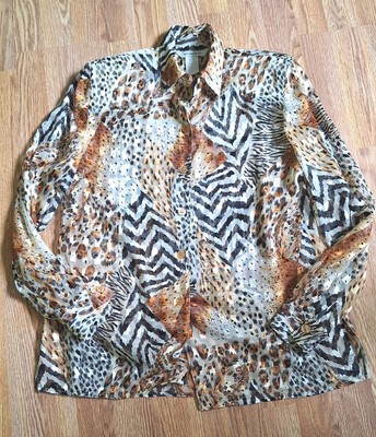 Women's Leopard Print Blouse Gold Black Sheer Medium Vintage 80s 90s 