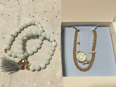 NEW in Box Amelia Rue Cora 4 Piece Bracelet Set   Glass Beads, Gold Charms, Silk