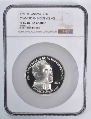 PF69 UCam 1971 FM Panama 20 Balboas CT.American Independence Silver NGC